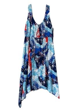 Boho Paisley Asymmetrical Hem Dress Medium Blue Red Flowy Stretch